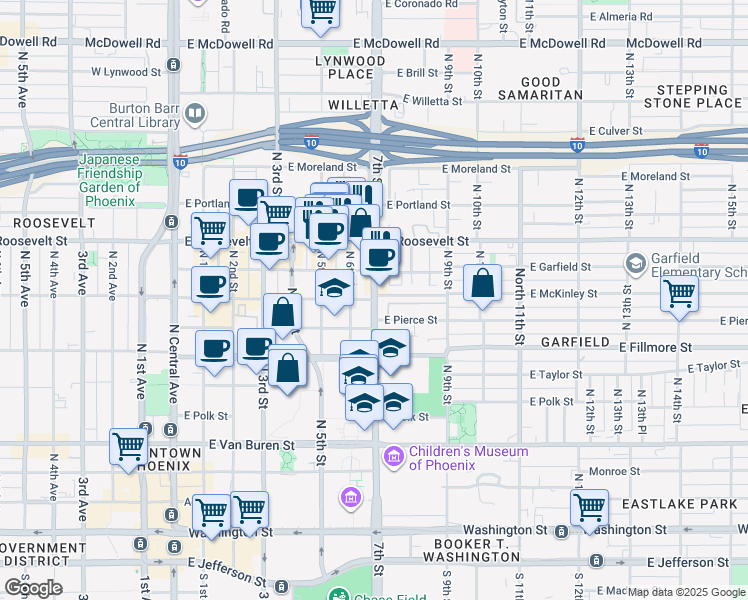 map of restaurants, bars, coffee shops, grocery stores, and more near N 7th St & E McKinley St in Phoenix