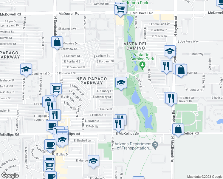 map of restaurants, bars, coffee shops, grocery stores, and more near 7544 East McKinley Street in Scottsdale