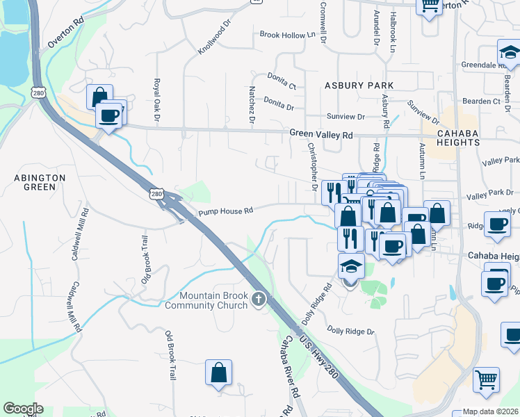 map of restaurants, bars, coffee shops, grocery stores, and more near 2943 Pump House Road in Vestavia Hills
