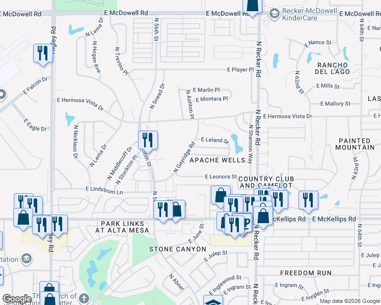 map of restaurants, bars, coffee shops, grocery stores, and more near 5721 East Lawndale Street in Mesa