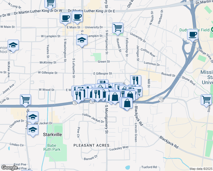 map of restaurants, bars, coffee shops, grocery stores, and more near 517 South Montgomery Street in Starkville
