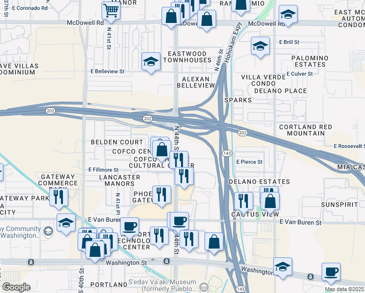 map of restaurants, bars, coffee shops, grocery stores, and more near 801 North 44th Street in Phoenix