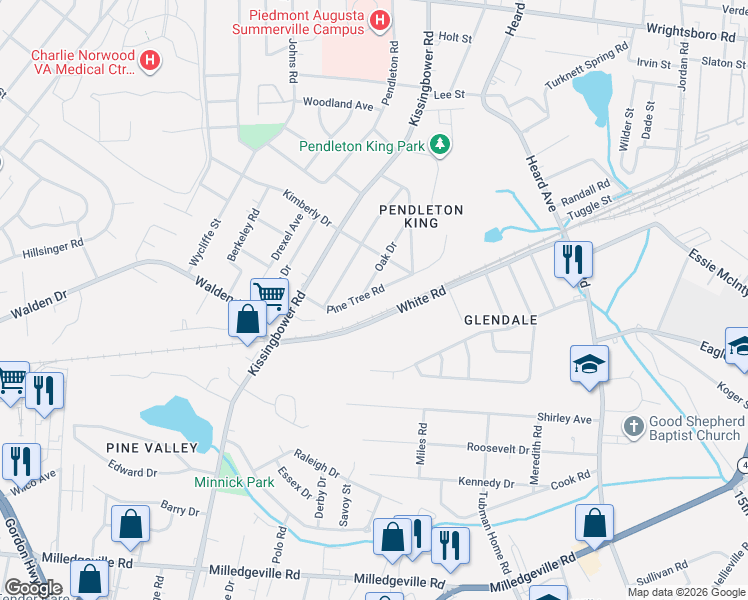 map of restaurants, bars, coffee shops, grocery stores, and more near 2263 White Road in Augusta