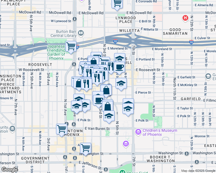 map of restaurants, bars, coffee shops, grocery stores, and more near 377 East McKinley Street in Phoenix