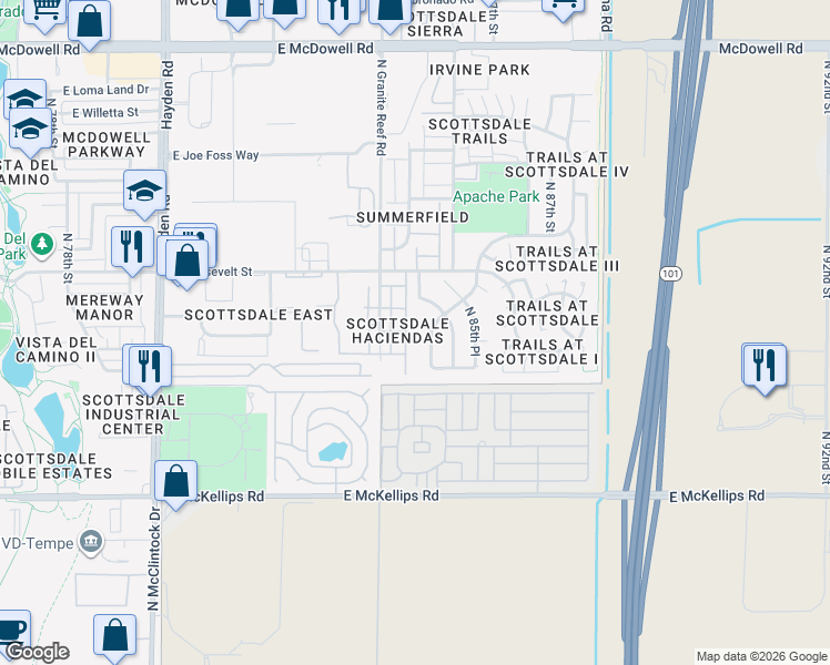 map of restaurants, bars, coffee shops, grocery stores, and more near 837 North Grace Street in Scottsdale