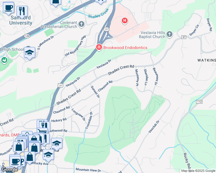 map of restaurants, bars, coffee shops, grocery stores, and more near 2401 Chestnut Road in Vestavia Hills