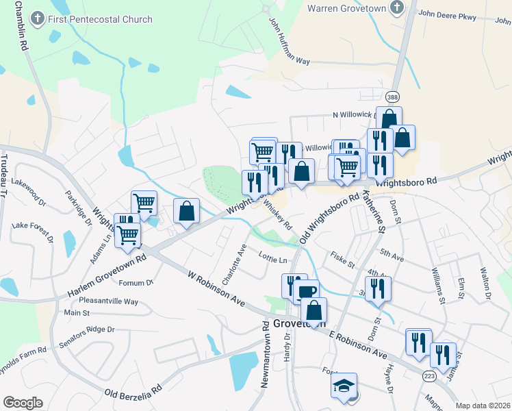 map of restaurants, bars, coffee shops, grocery stores, and more near 5190 Wrightsboro Road in Grovetown