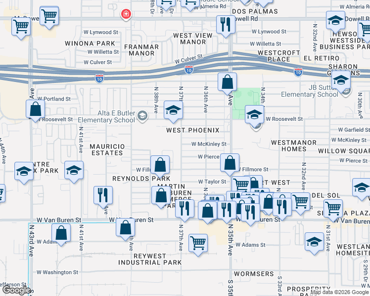 map of restaurants, bars, coffee shops, grocery stores, and more near 3644 West Pierce Street in Phoenix