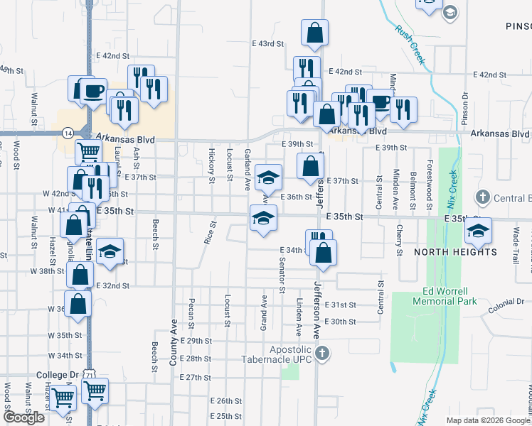 map of restaurants, bars, coffee shops, grocery stores, and more near 3512 Grand Avenue in Texarkana