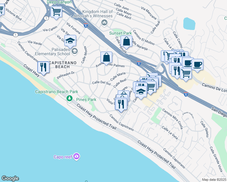 map of restaurants, bars, coffee shops, grocery stores, and more near 26822 Calle Real in Dana Point