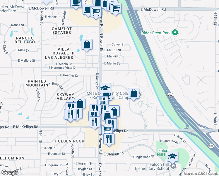map of restaurants, bars, coffee shops, grocery stores, and more near 2217 North Power Road in Mesa