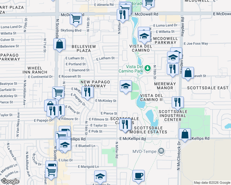 map of restaurants, bars, coffee shops, grocery stores, and more near 7544 East McKinley Street in Scottsdale