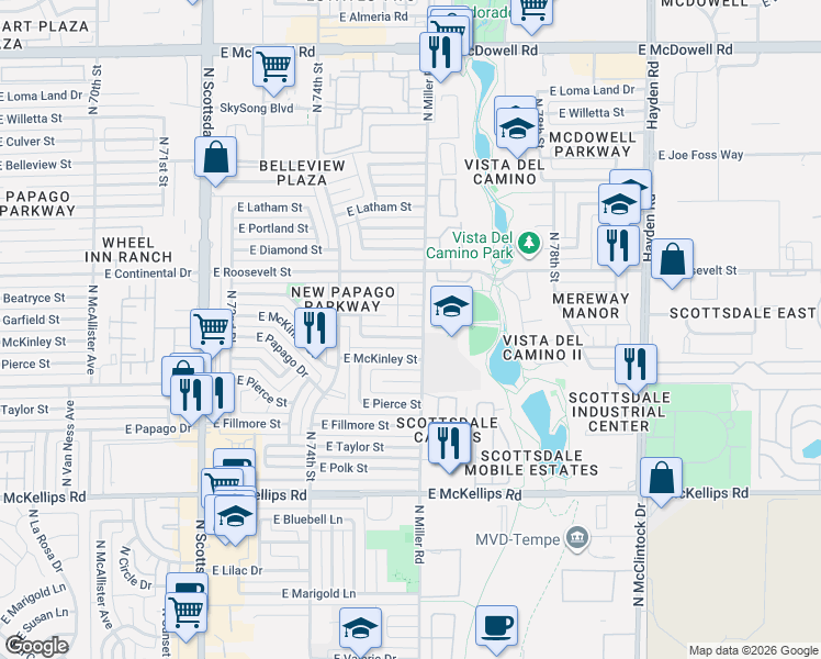 map of restaurants, bars, coffee shops, grocery stores, and more near 7544 East McKinley Street in Scottsdale