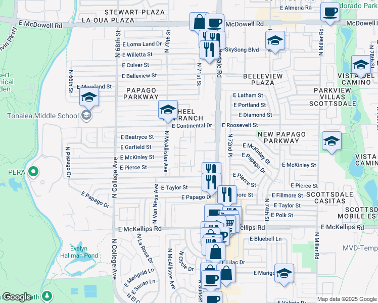 map of restaurants, bars, coffee shops, grocery stores, and more near 2516 North Saratoga Street in Tempe