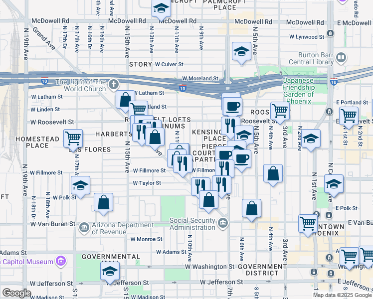 map of restaurants, bars, coffee shops, grocery stores, and more near 624 North 10th Avenue in Phoenix