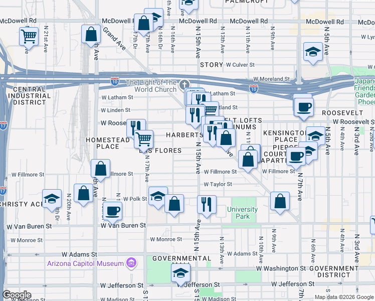 map of restaurants, bars, coffee shops, grocery stores, and more near 1514 West Pierce Street in Phoenix
