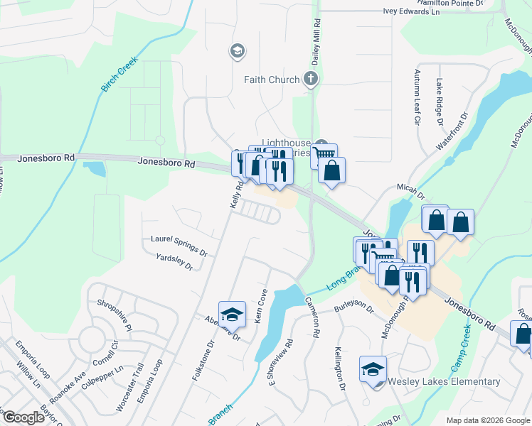 map of restaurants, bars, coffee shops, grocery stores, and more near 2007 Folkstone Drive in McDonough