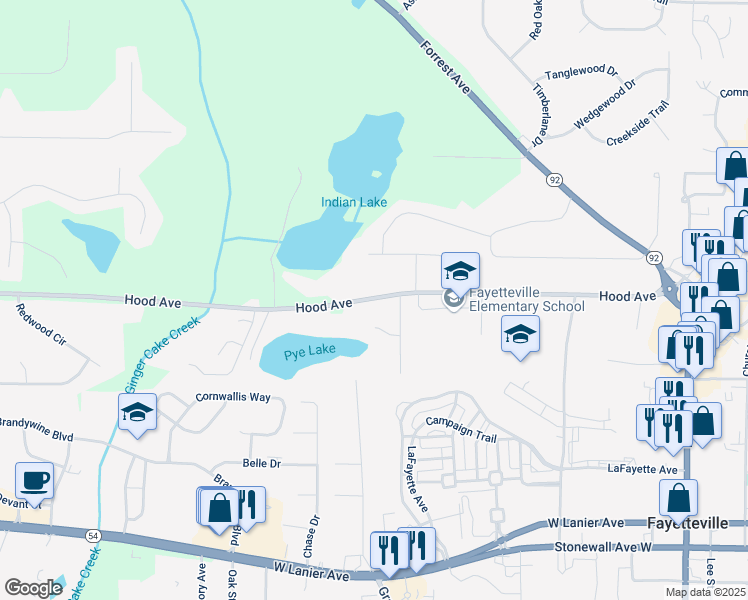 map of restaurants, bars, coffee shops, grocery stores, and more near 590 Hood Avenue in Fayetteville
