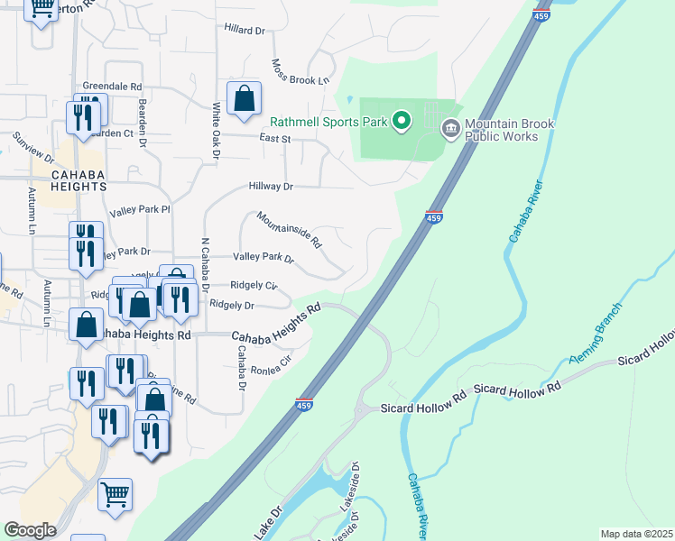 map of restaurants, bars, coffee shops, grocery stores, and more near 3373 Valley Park Drive in Vestavia Hills
