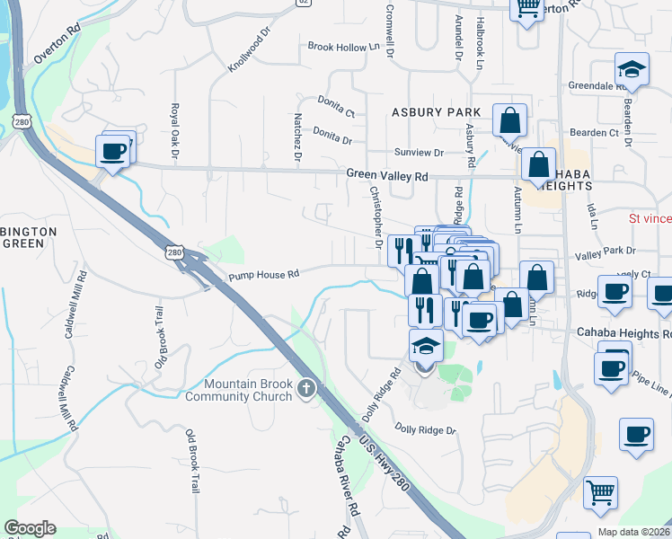 map of restaurants, bars, coffee shops, grocery stores, and more near 2953 Pump House Road in Vestavia Hills