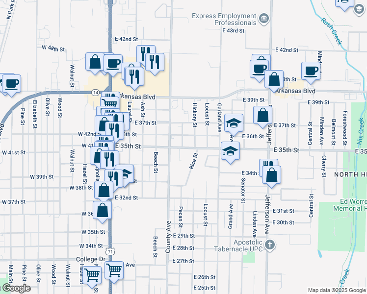 map of restaurants, bars, coffee shops, grocery stores, and more near 3414 Parish Circle in Texarkana