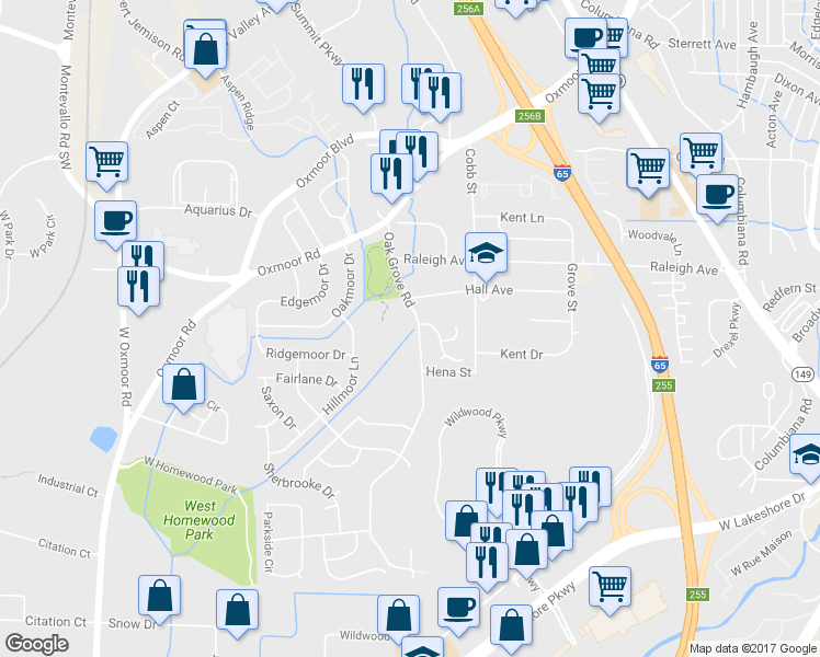 map of restaurants, bars, coffee shops, grocery stores, and more near 816 Oak Grove Road in Birmingham