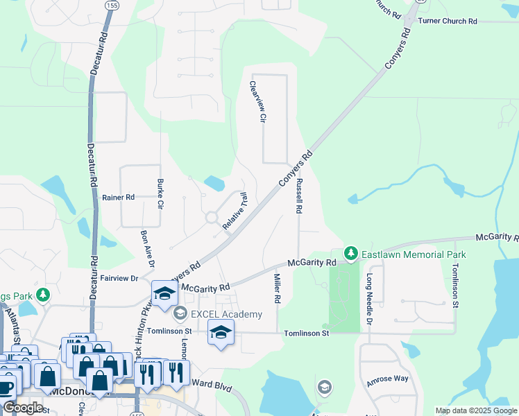 map of restaurants, bars, coffee shops, grocery stores, and more near 0 Parker Drive in McDonough
