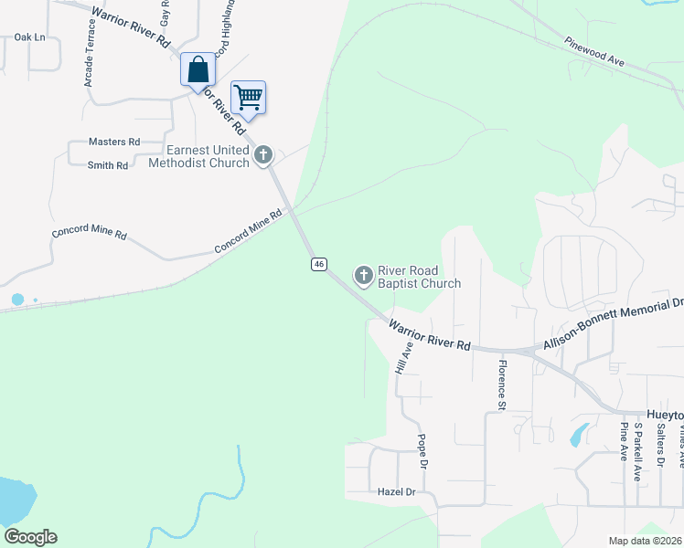 map of restaurants, bars, coffee shops, grocery stores, and more near 3355 Warrior River Road in Bessemer