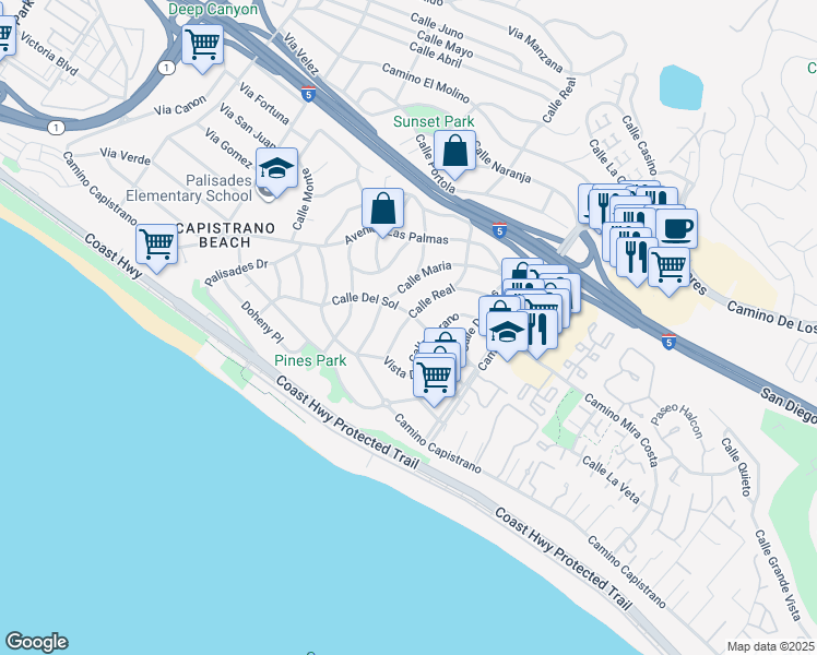 map of restaurants, bars, coffee shops, grocery stores, and more near 26822 Calle Real in Dana Point