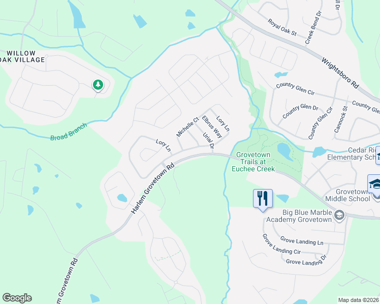 map of restaurants, bars, coffee shops, grocery stores, and more near 582 Lory Lane in Grovetown