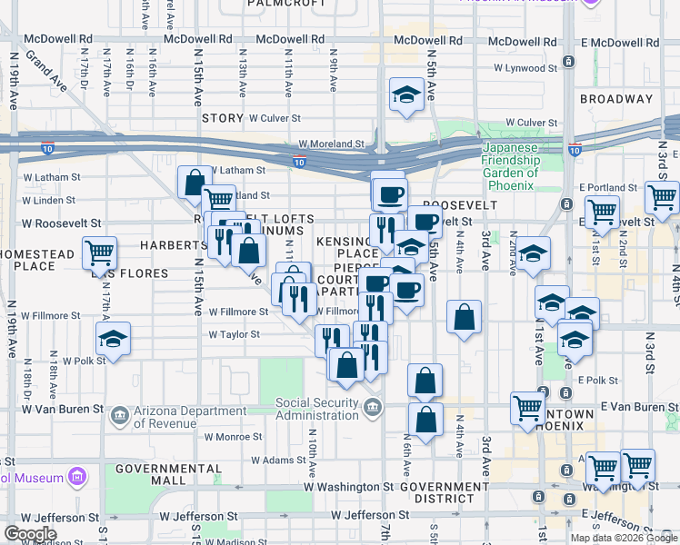 map of restaurants, bars, coffee shops, grocery stores, and more near 743 West Pierce Street in Phoenix