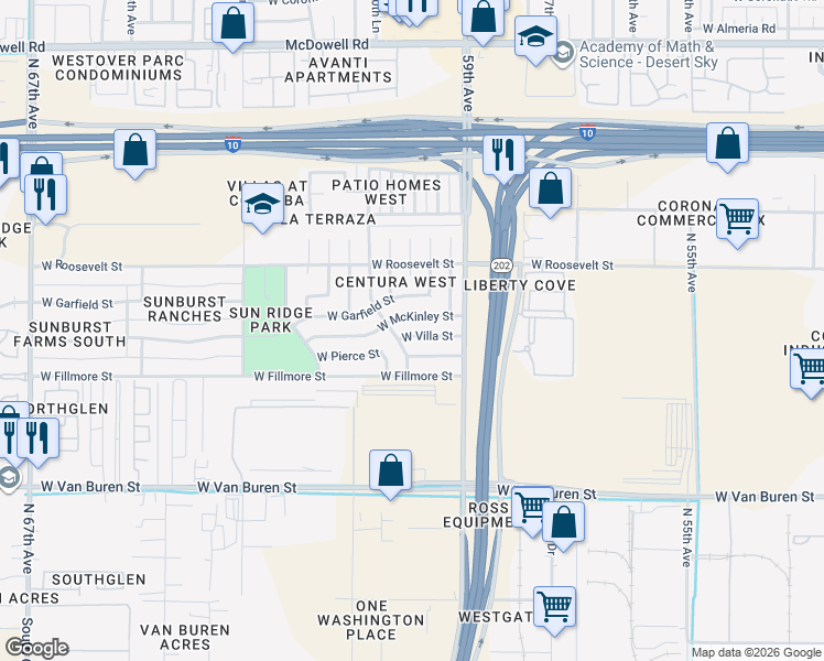 map of restaurants, bars, coffee shops, grocery stores, and more near 6002 West Pierce Street in Phoenix