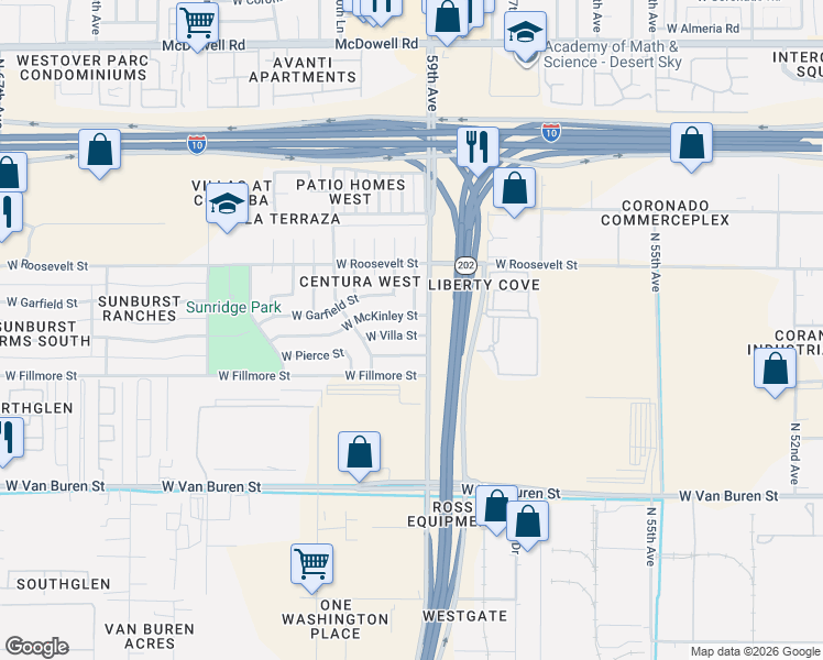 map of restaurants, bars, coffee shops, grocery stores, and more near 5902 West Pierce Street in Phoenix