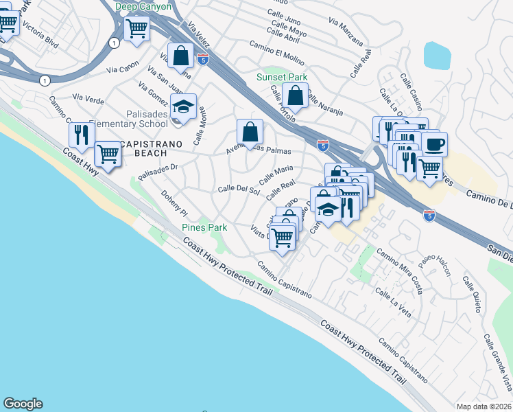 map of restaurants, bars, coffee shops, grocery stores, and more near 26805 Calle Real in Dana Point