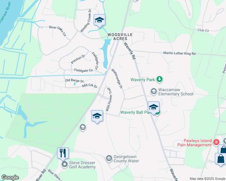 map of restaurants, bars, coffee shops, grocery stores, and more near 16 Wild Flower Trail in Pawleys Island
