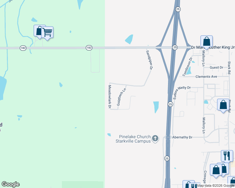 map of restaurants, bars, coffee shops, grocery stores, and more near 1188 Goldfinch Lane in Starkville