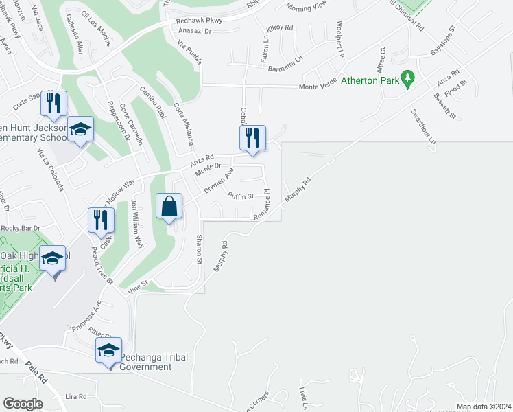 map of restaurants, bars, coffee shops, grocery stores, and more near 46186 Jane Place in Temecula