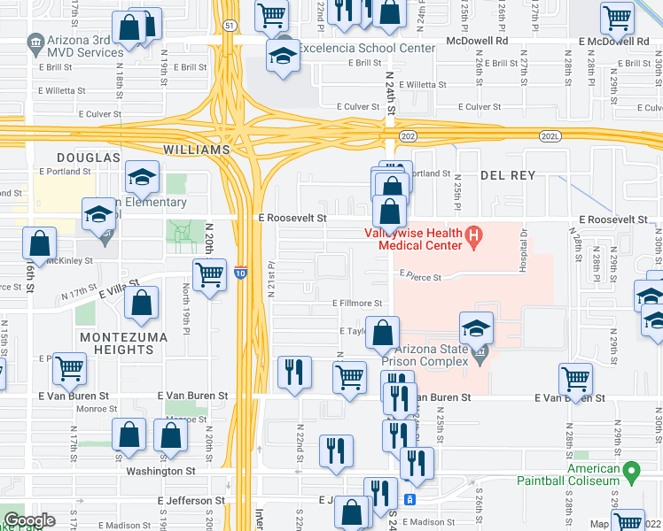 map of restaurants, bars, coffee shops, grocery stores, and more near 2224 East Fillmore Street in Phoenix