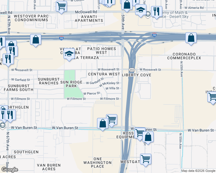 map of restaurants, bars, coffee shops, grocery stores, and more near 6002 West Pierce Street in Phoenix