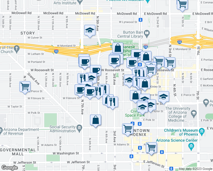 map of restaurants, bars, coffee shops, grocery stores, and more near West McKinley Street & North 4th Avenue in Phoenix