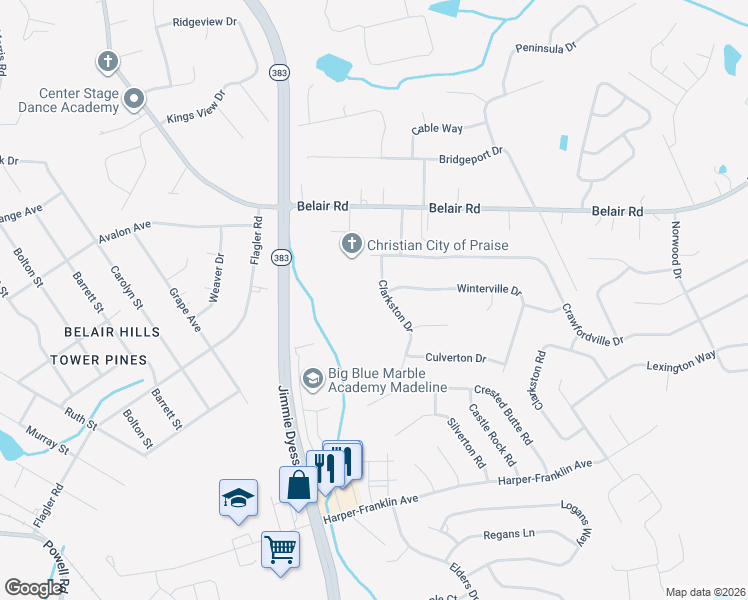 map of restaurants, bars, coffee shops, grocery stores, and more near 2017 Clarkston Drive in Augusta