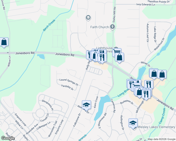 map of restaurants, bars, coffee shops, grocery stores, and more near 99 Kelly Road in McDonough