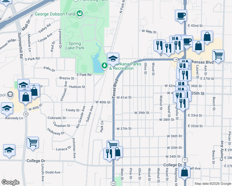 map of restaurants, bars, coffee shops, grocery stores, and more near 4100 Texas Boulevard in Texarkana