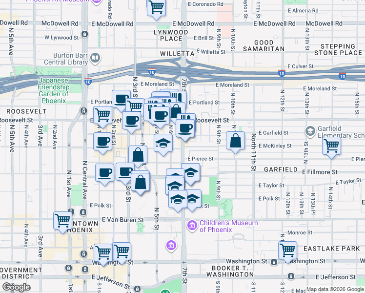 map of restaurants, bars, coffee shops, grocery stores, and more near 700 East McKinley Street in Phoenix