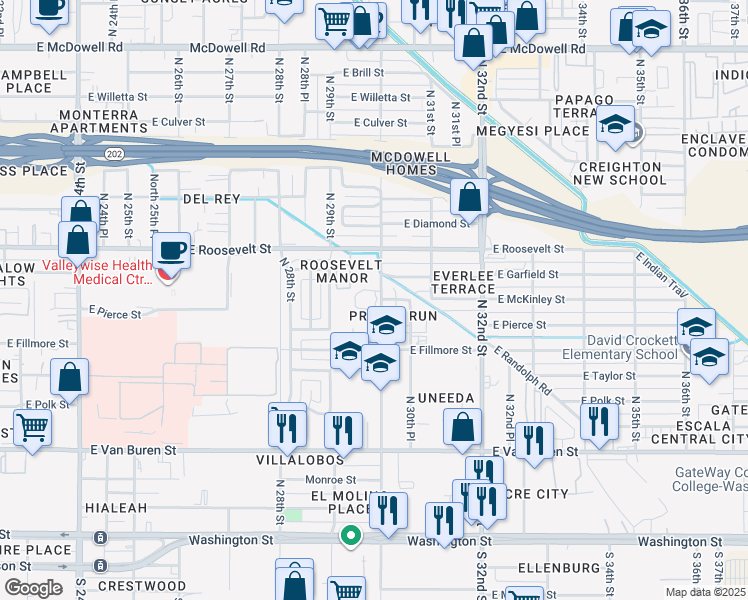 map of restaurants, bars, coffee shops, grocery stores, and more near 625 North 30th Street in Phoenix