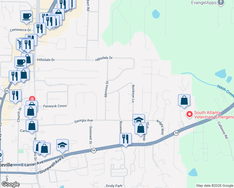 map of restaurants, bars, coffee shops, grocery stores, and more near 215 Maple Court in Fayetteville