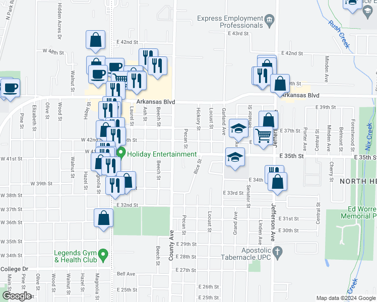 map of restaurants, bars, coffee shops, grocery stores, and more near 601 East 35th Street in Texarkana
