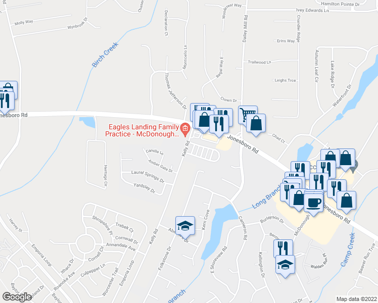 map of restaurants, bars, coffee shops, grocery stores, and more near 1315 Forsythia Way in McDonough
