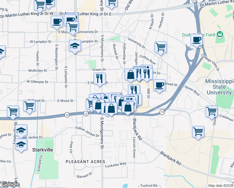 map of restaurants, bars, coffee shops, grocery stores, and more near 401 Hancock Circle in Starkville