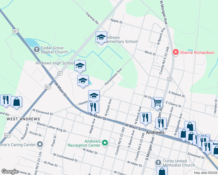 map of restaurants, bars, coffee shops, grocery stores, and more near 150 Soapberry Road in Andrews